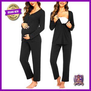 Maternity Nursing Pajama Set Long Sleeve Button Top Pregnancy Sleepwear